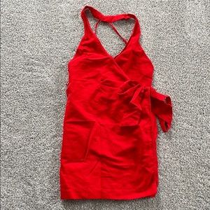 FREE PEOPLE Red linen open back mini wrap dress